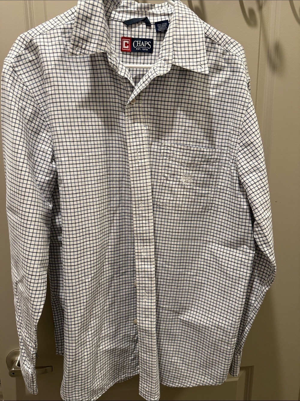 Chaps Men's White Shirt with Navy Windowpane Check